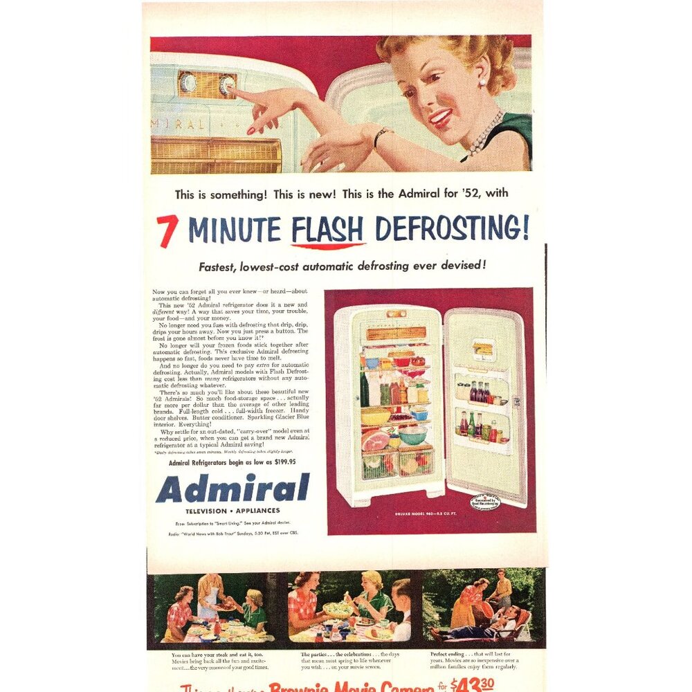 1952 Admiral Model 932 Refrigerator Fridge Vintage Print Ad 50s Wall Art